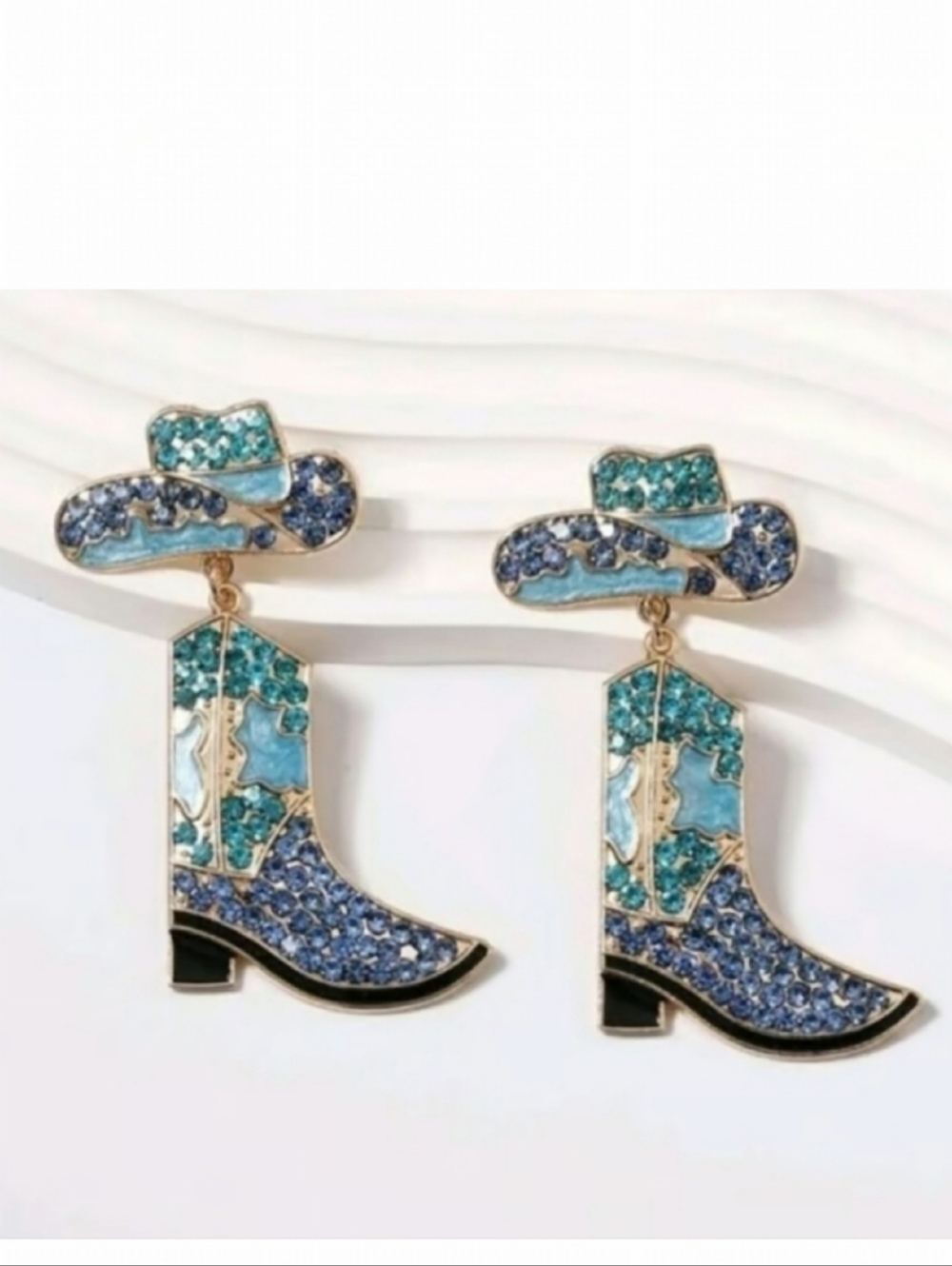 🌺Cowboy Boot Earings Rhinestone Blue Western Wear